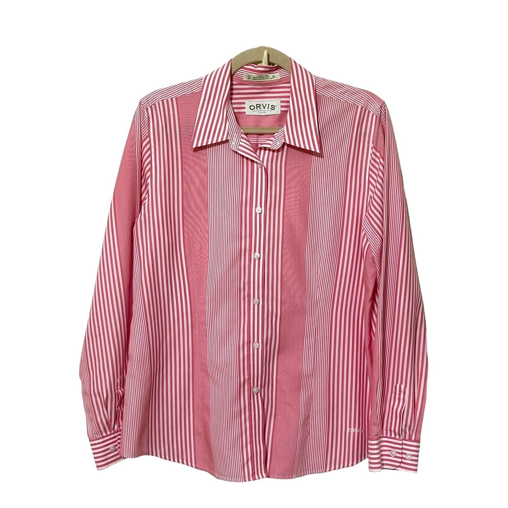 Orvis Women's Non Wrinkle Button Up Blouse Shirt Top 14 White Pink Stripe Cotton